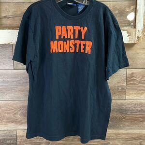 Men’s Black Tshirt Orange Halloween “Party Monster” Lettering Size L 42/44